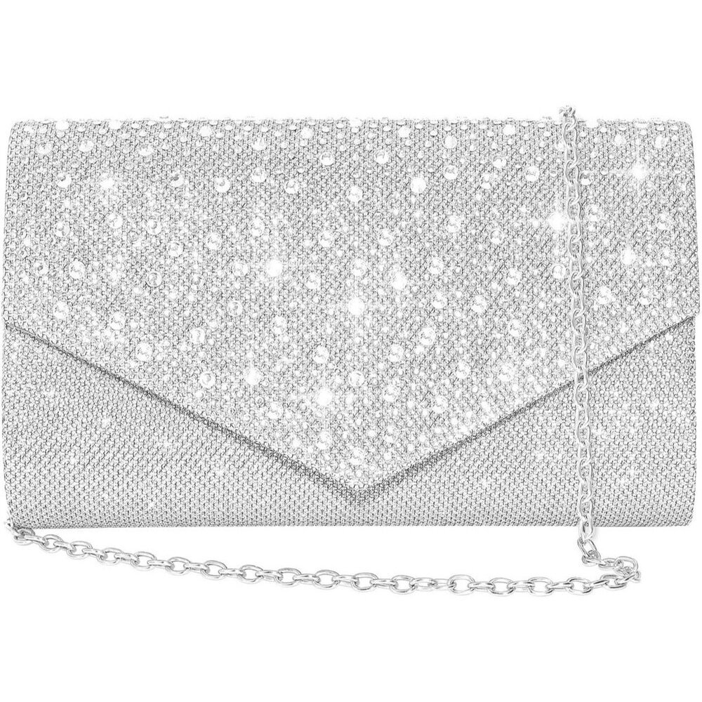 Women Silver Imported Magnetic Purse Rhinestone Envelope Party Handbag